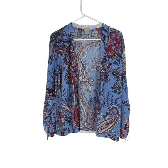 Chico’s 2 (Reg 12) Blue/Red/Tan Cotton/Nylon Open Front Cardigan Cinched Sleeves - Picture 1 of 10